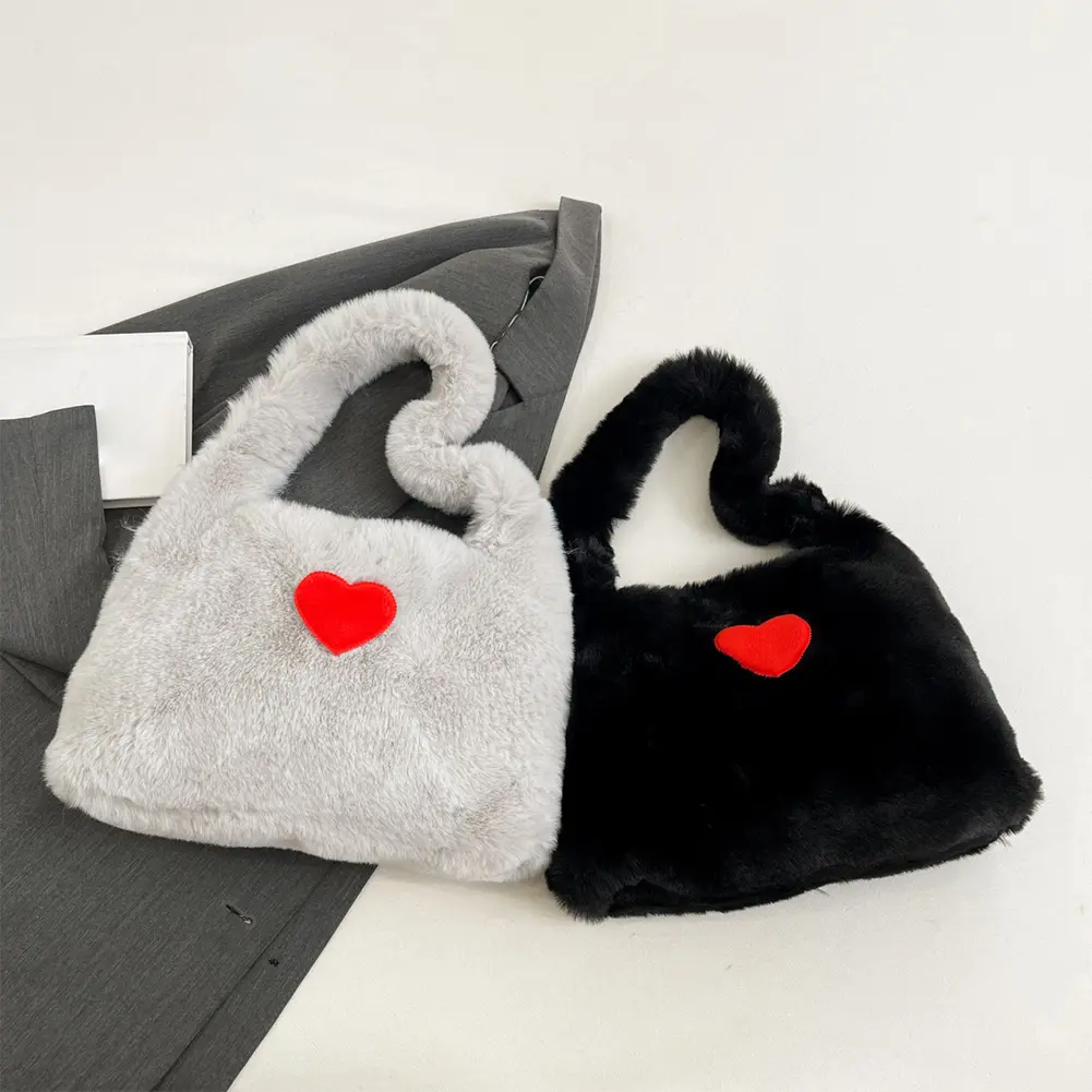 Women Faux Fur Shoulder Purse Large Capacity Cute Fluffy Handbag with Heart Slouchy Hobo Bag Soft Daily Commuting Bag