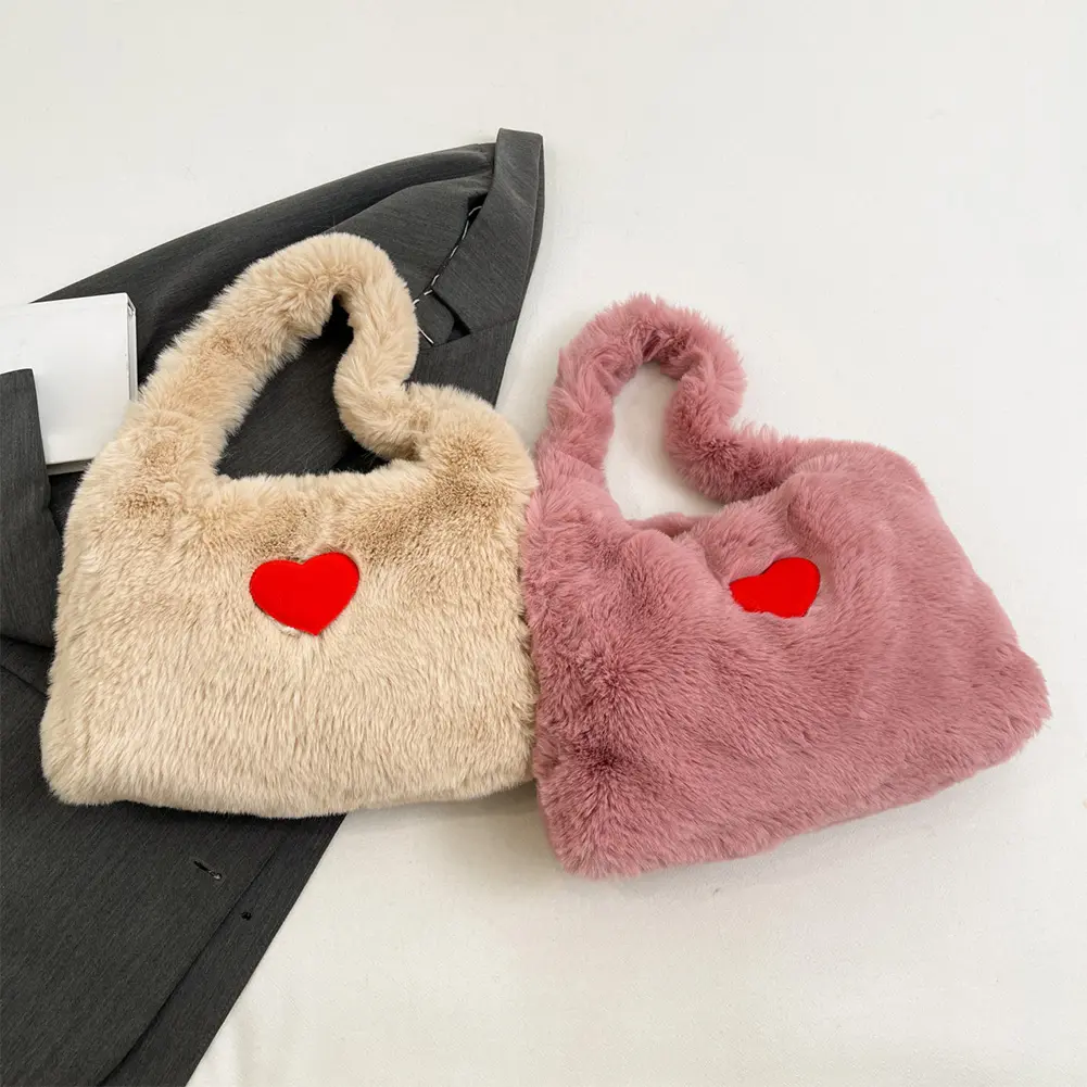 Women Faux Fur Shoulder Purse Large Capacity Cute Fluffy Handbag with Heart Slouchy Hobo Bag Soft Daily Commuting Bag