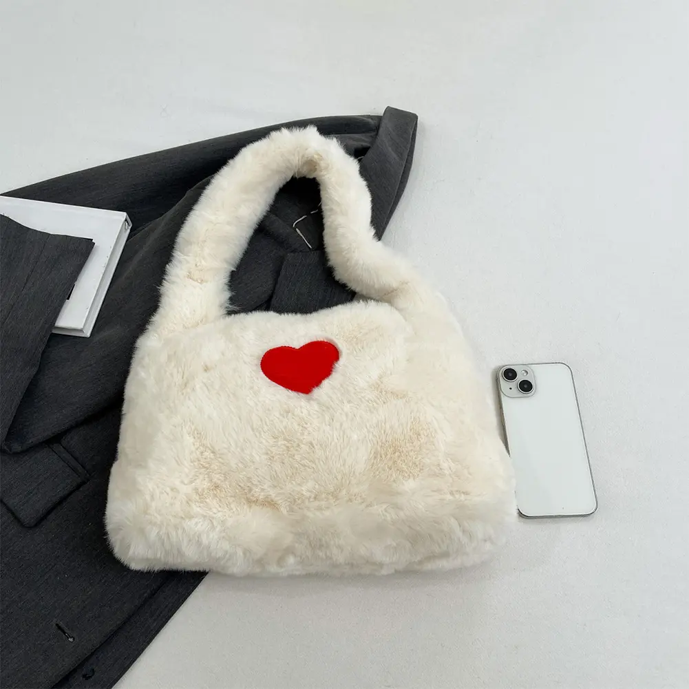 Women Faux Fur Shoulder Purse Large Capacity Cute Fluffy Handbag with Heart Slouchy Hobo Bag Soft Daily Commuting Bag
