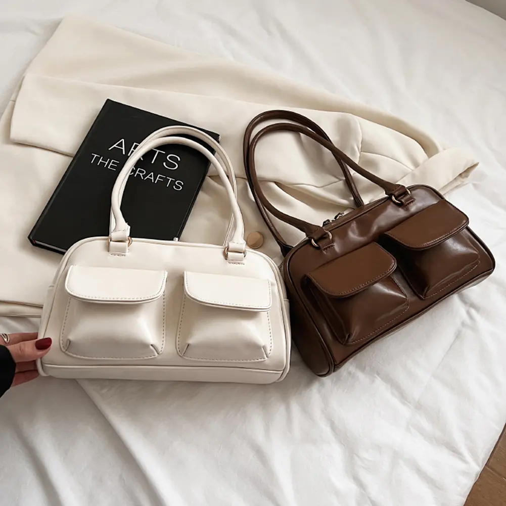 Retro Tote Handbags Double Pocket PU Leather Shopping Bag Fashion Solid Designer Armpit Bag Casual Zipper Portable Ladies Purses