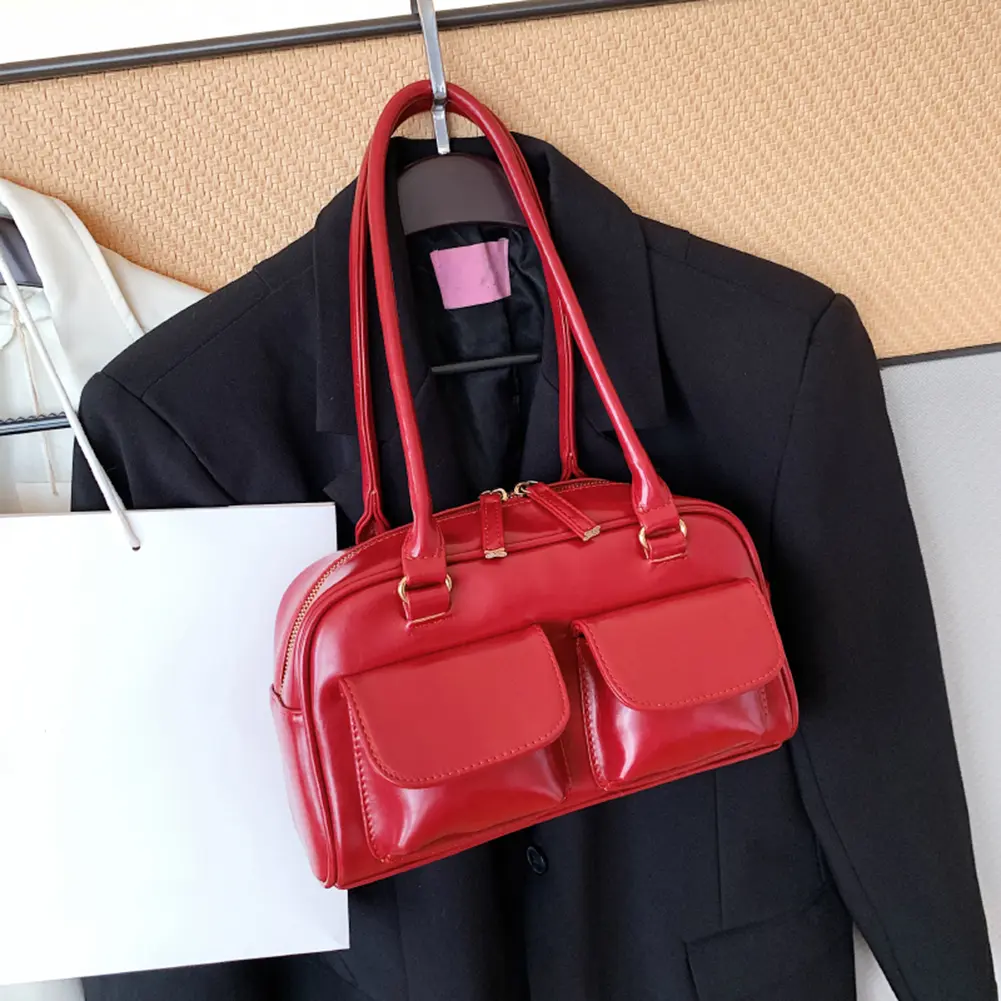 Retro Tote Handbags Double Pocket PU Leather Shopping Bag Fashion Solid Designer Armpit Bag Casual Zipper Portable Ladies Purses