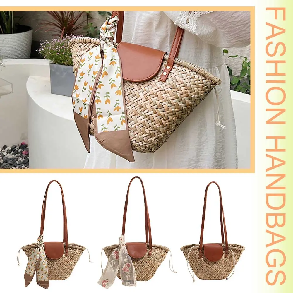 Women Straw Woven Tote Bag Weaving Shoulder Bag Large Capacity Tote Clutch Bags with Ribbon Chic Hobo Bag for Outdoor Travel
