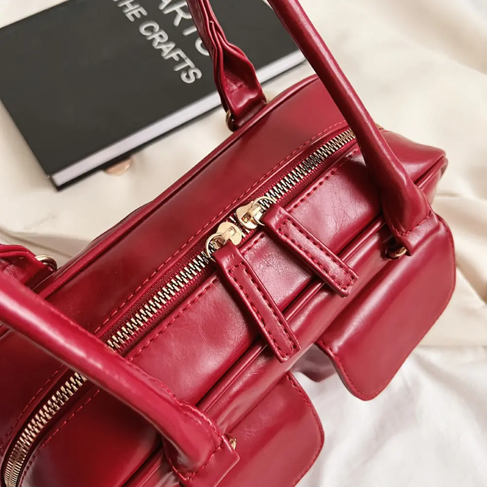 Retro Tote Handbags Double Pocket PU Leather Shopping Bag Fashion Solid Designer Armpit Bag Casual Zipper Portable Ladies Purses