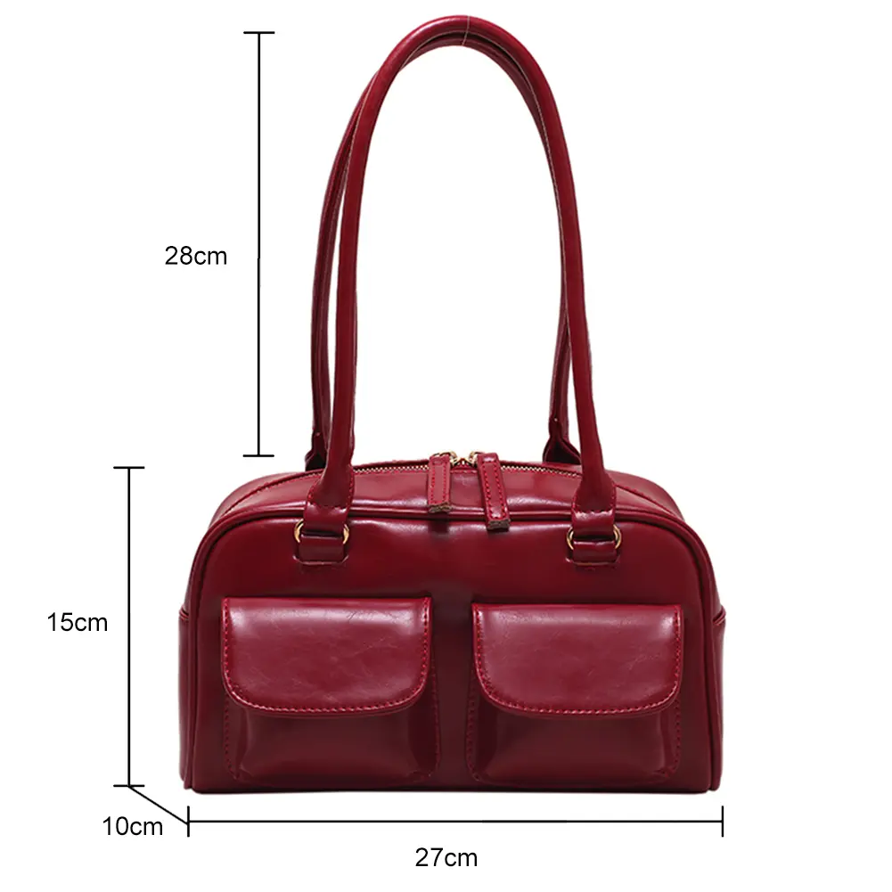 Retro Tote Handbags Double Pocket PU Leather Shopping Bag Fashion Solid Designer Armpit Bag Casual Zipper Portable Ladies Purses