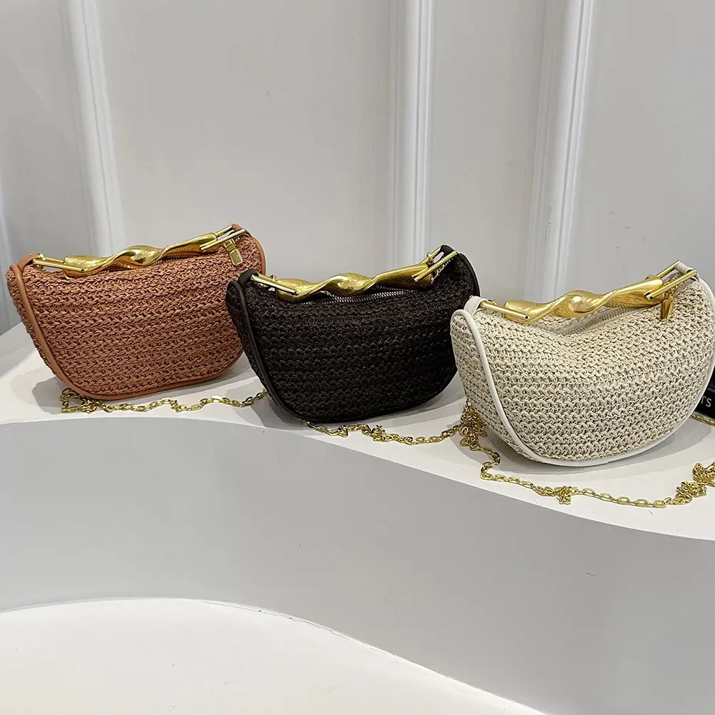 Women Elegant Knitting Sling Bag with Metal Handle Straw Crossbody Bag Zipper Closure Trendy Straw Handbag Seaside Straw Handbag