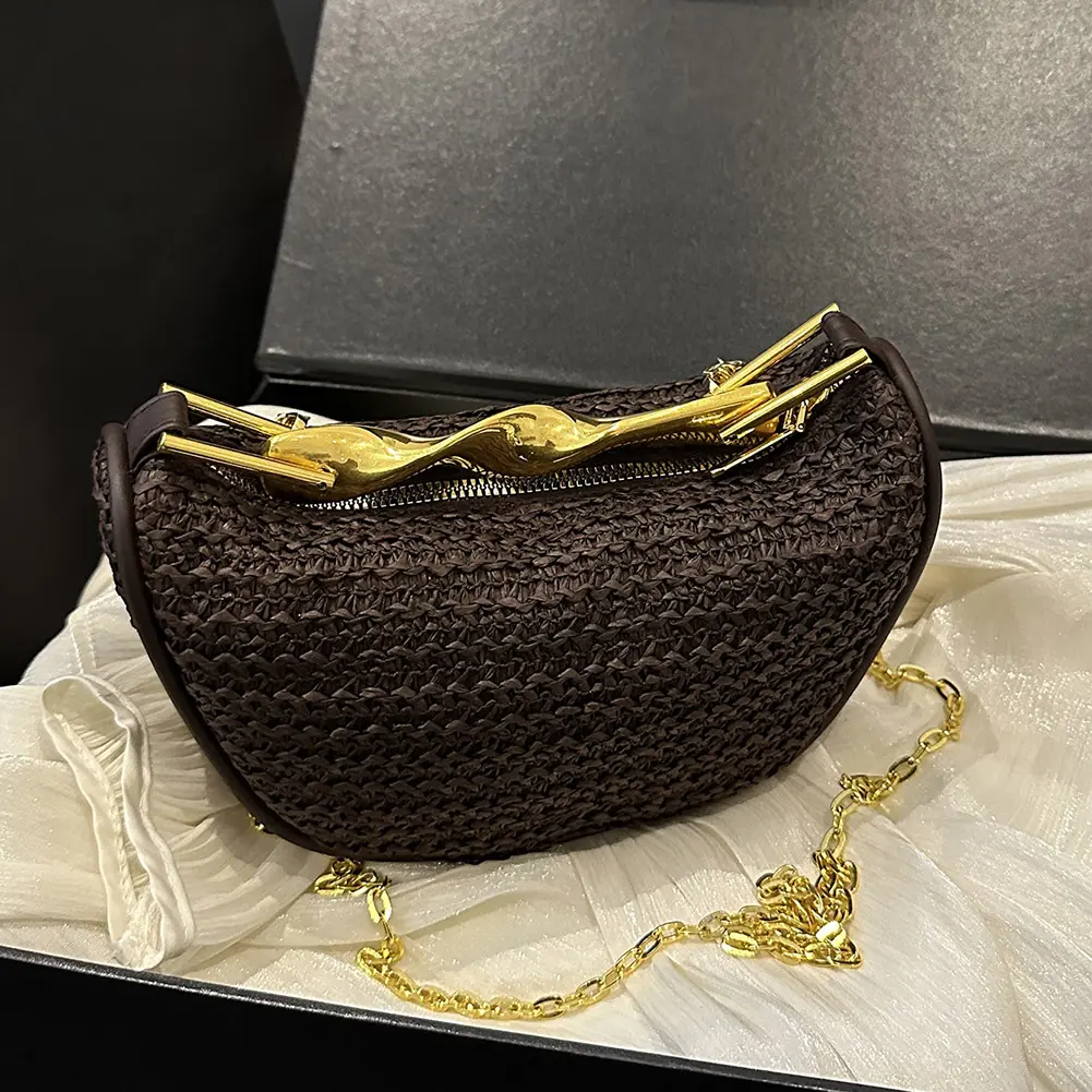 Women Elegant Knitting Sling Bag with Metal Handle Straw Crossbody Bag Zipper Closure Trendy Straw Handbag Seaside Straw Handbag