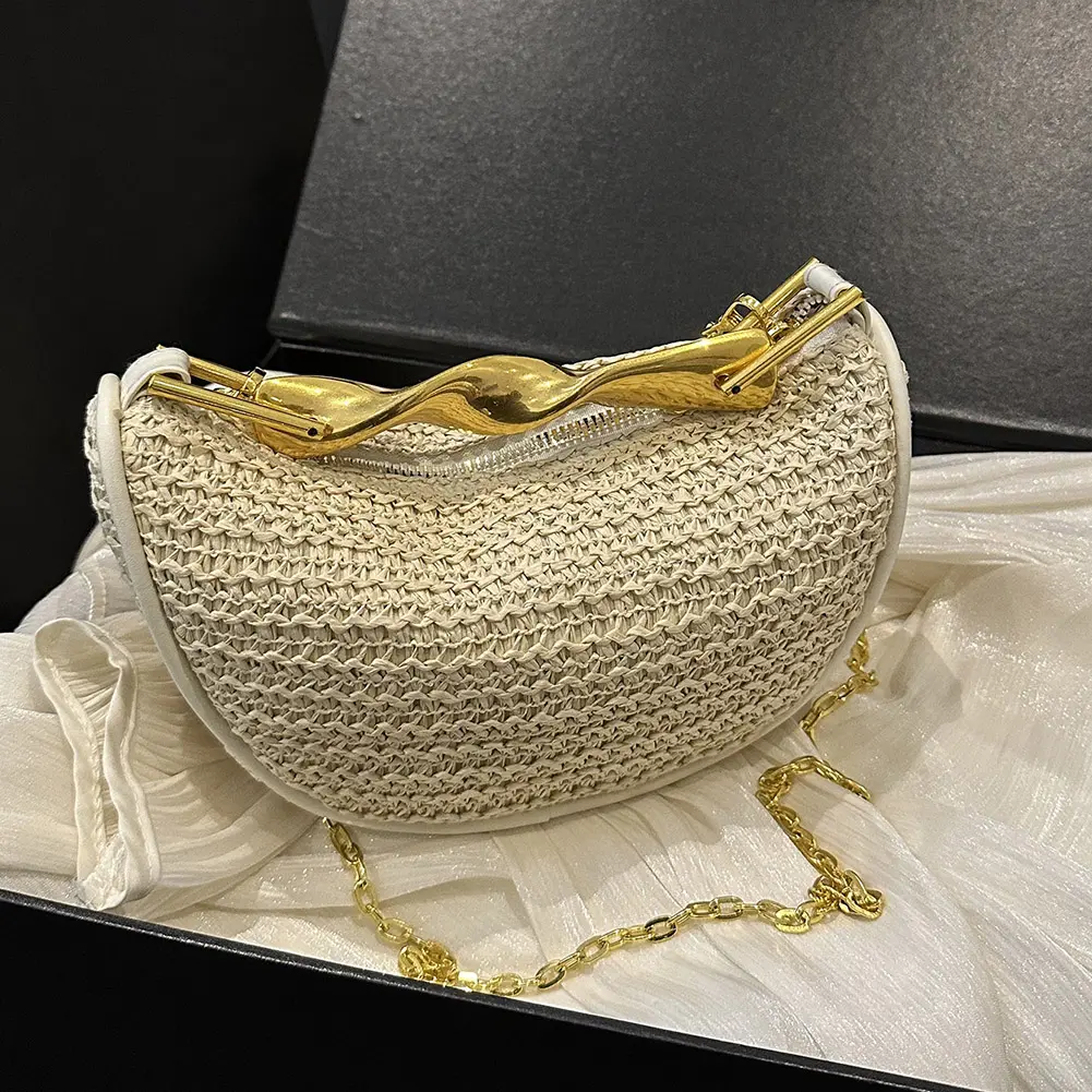 Women Elegant Knitting Sling Bag with Metal Handle Straw Crossbody Bag Zipper Closure Trendy Straw Handbag Seaside Straw Handbag
