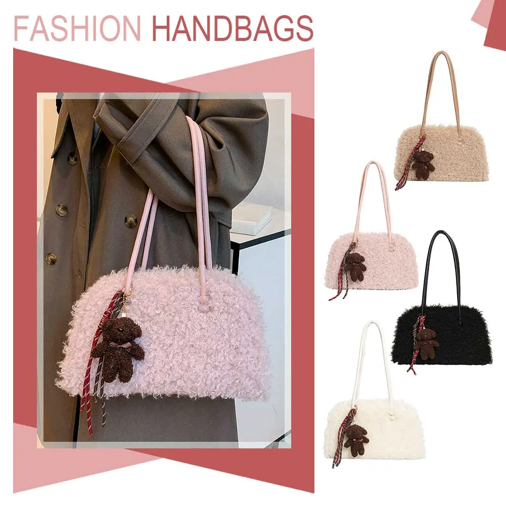 Women Plush Tote Bag Solid Color Underarm Bag with Zipper Furry Purse Large Capacity Handbag for Work Travel Shopping
