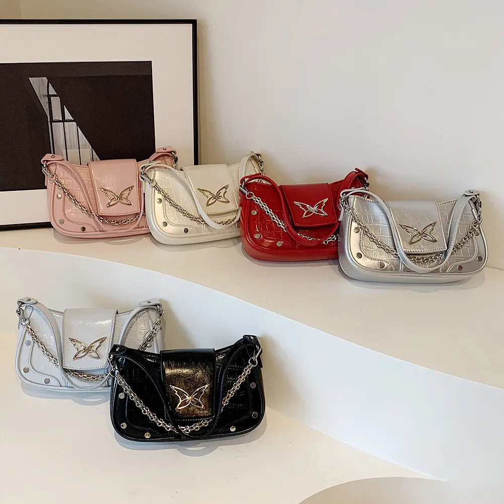 Women PU Leather Underarm Bag Butterfly Pattern Y2k Handbag with Chain Hobo Bag Adjustable Strap Satchel Purse for Work Travel