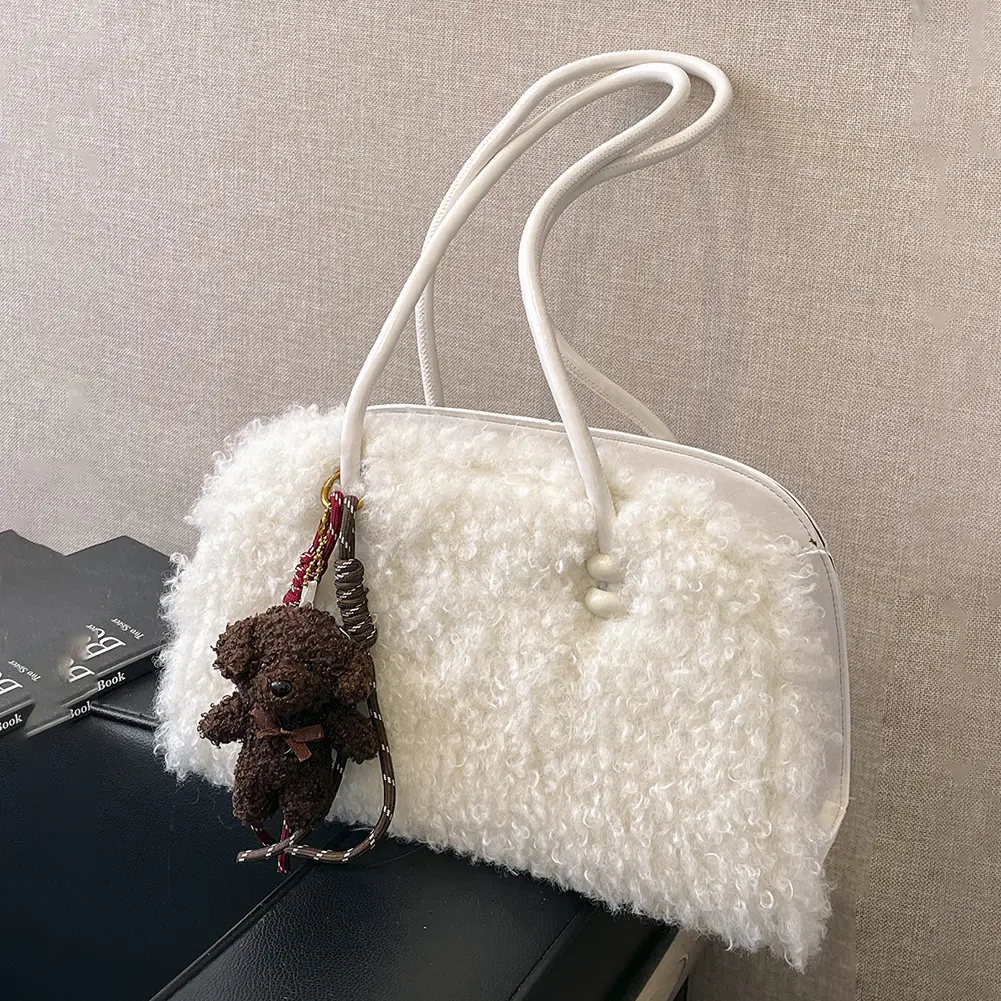 Women Plush Tote Bag Solid Color Underarm Bag with Zipper Furry Purse Large Capacity Handbag for Work Travel Shopping