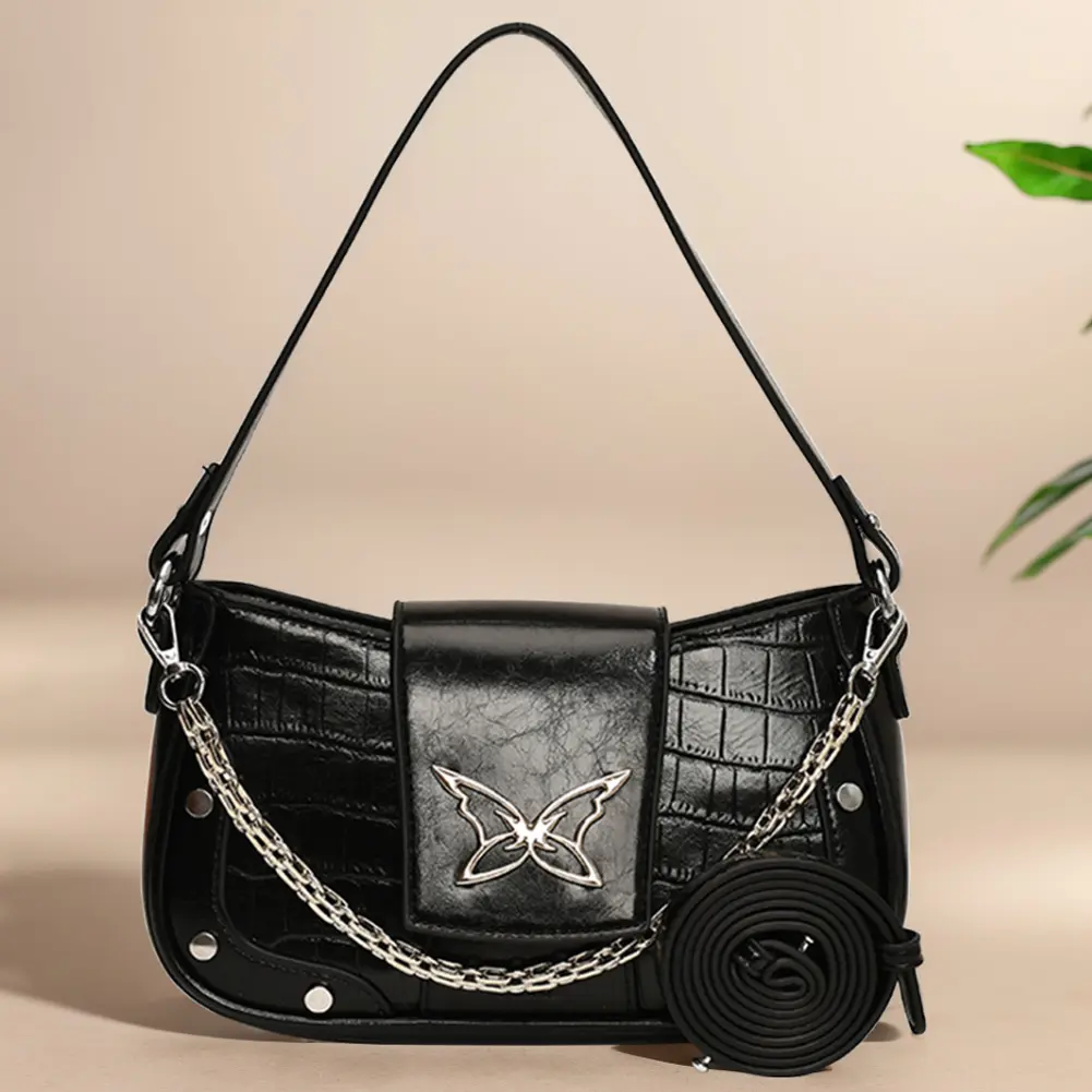 Women PU Leather Underarm Bag Butterfly Pattern Y2k Handbag with Chain Hobo Bag Adjustable Strap Satchel Purse for Work Travel
