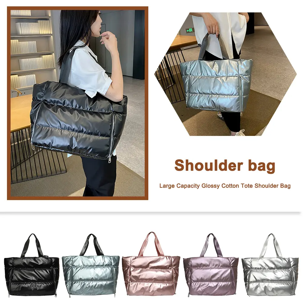 Puffer Tote Bag for Women with Zipper Shoulder Bag Nylon Quilted Puffy Tote Bag Large Capacity Satchel Purse for Work Travel Gym