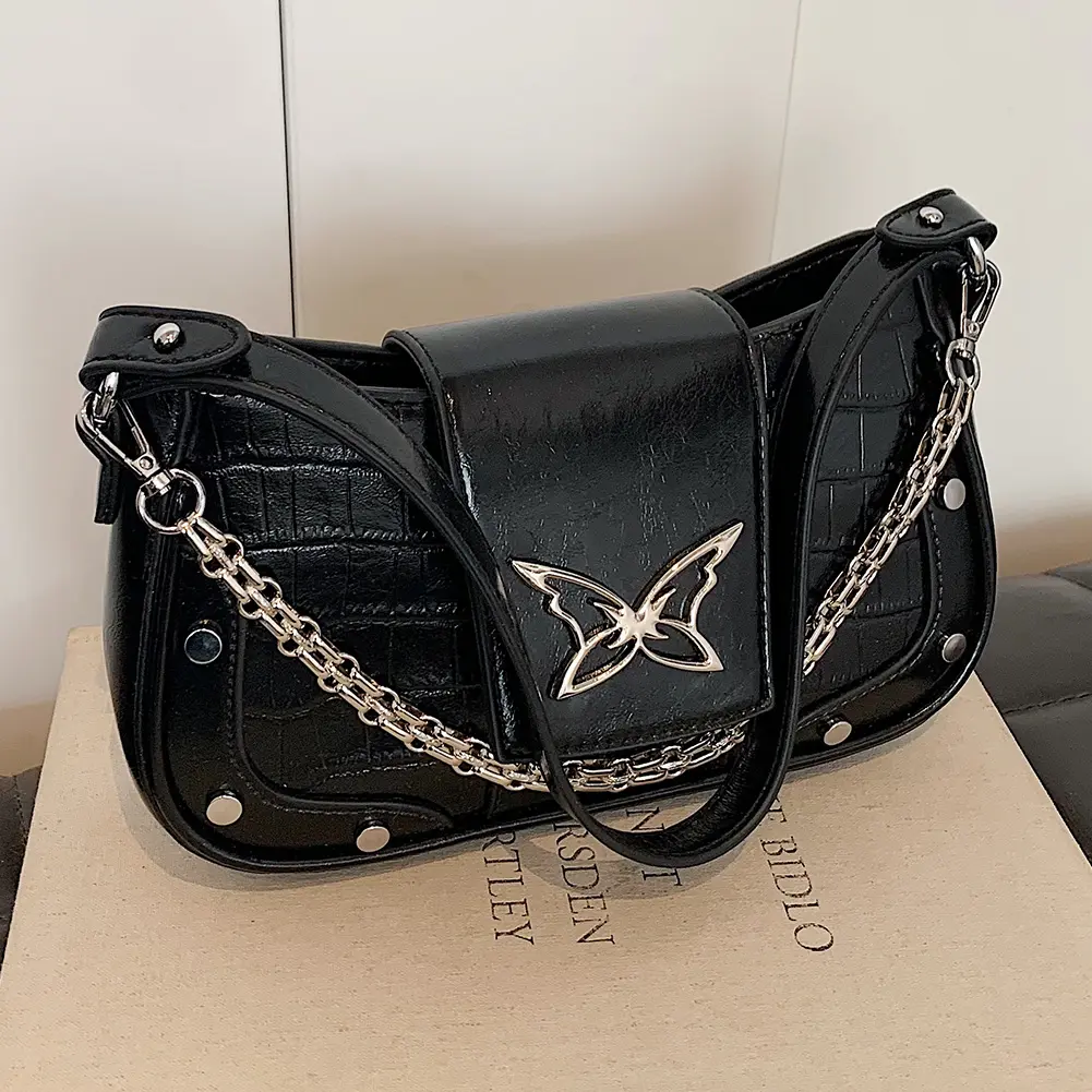 Women PU Leather Underarm Bag Butterfly Pattern Y2k Handbag with Chain Hobo Bag Adjustable Strap Satchel Purse for Work Travel