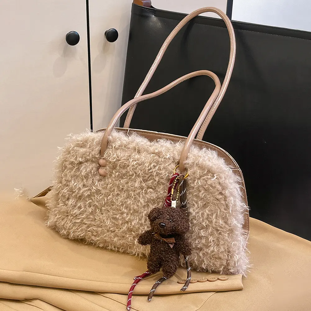 Women Plush Tote Bag Solid Color Underarm Bag with Zipper Furry Purse Large Capacity Handbag for Work Travel Shopping