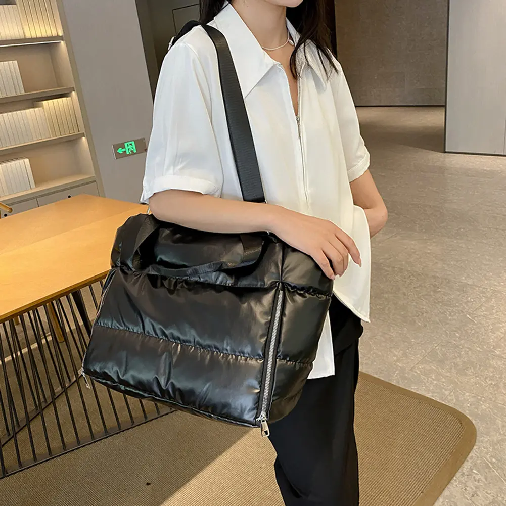 Puffer Tote Bag for Women with Zipper Shoulder Bag Nylon Quilted Puffy Tote Bag Large Capacity Satchel Purse for Work Travel Gym