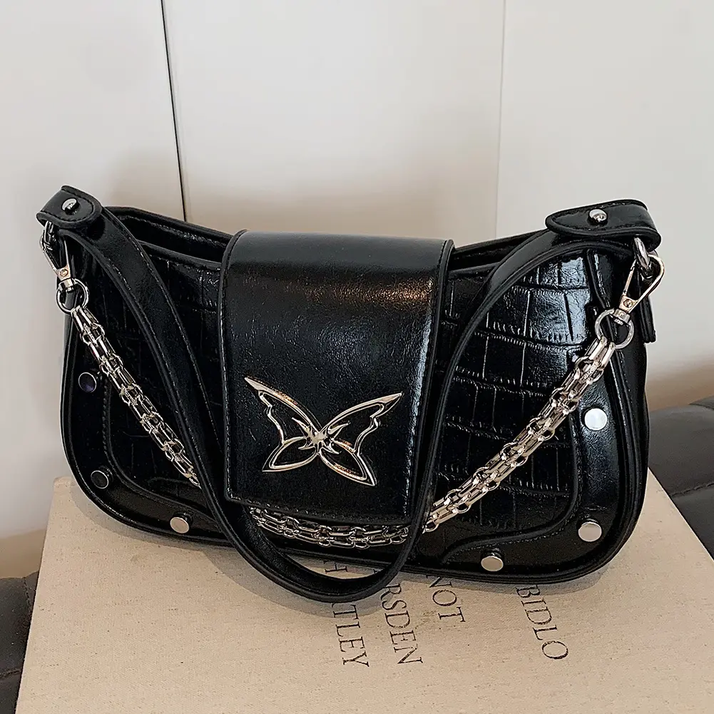 Women PU Leather Underarm Bag Butterfly Pattern Y2k Handbag with Chain Hobo Bag Adjustable Strap Satchel Purse for Work Travel
