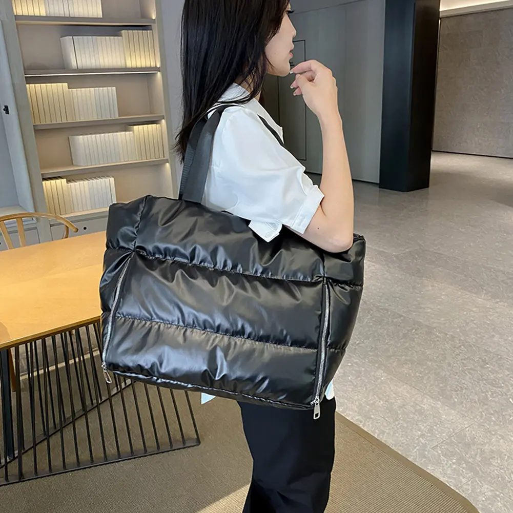 Puffer Tote Bag for Women with Zipper Shoulder Bag Nylon Quilted Puffy Tote Bag Large Capacity Satchel Purse for Work Travel Gym