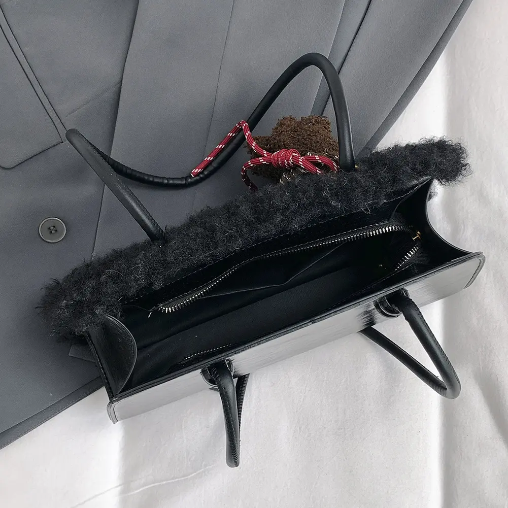 Women Plush Tote Bag Solid Color Underarm Bag with Zipper Furry Purse Large Capacity Handbag for Work Travel Shopping