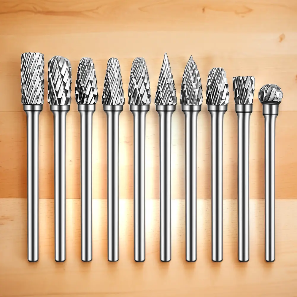 10Pcs Long Shank Carbide Rotary Burr File Double Cut Long Burr Bits 1/8 Inch Shank for Attachments Cutting Burrs Metal Grinding