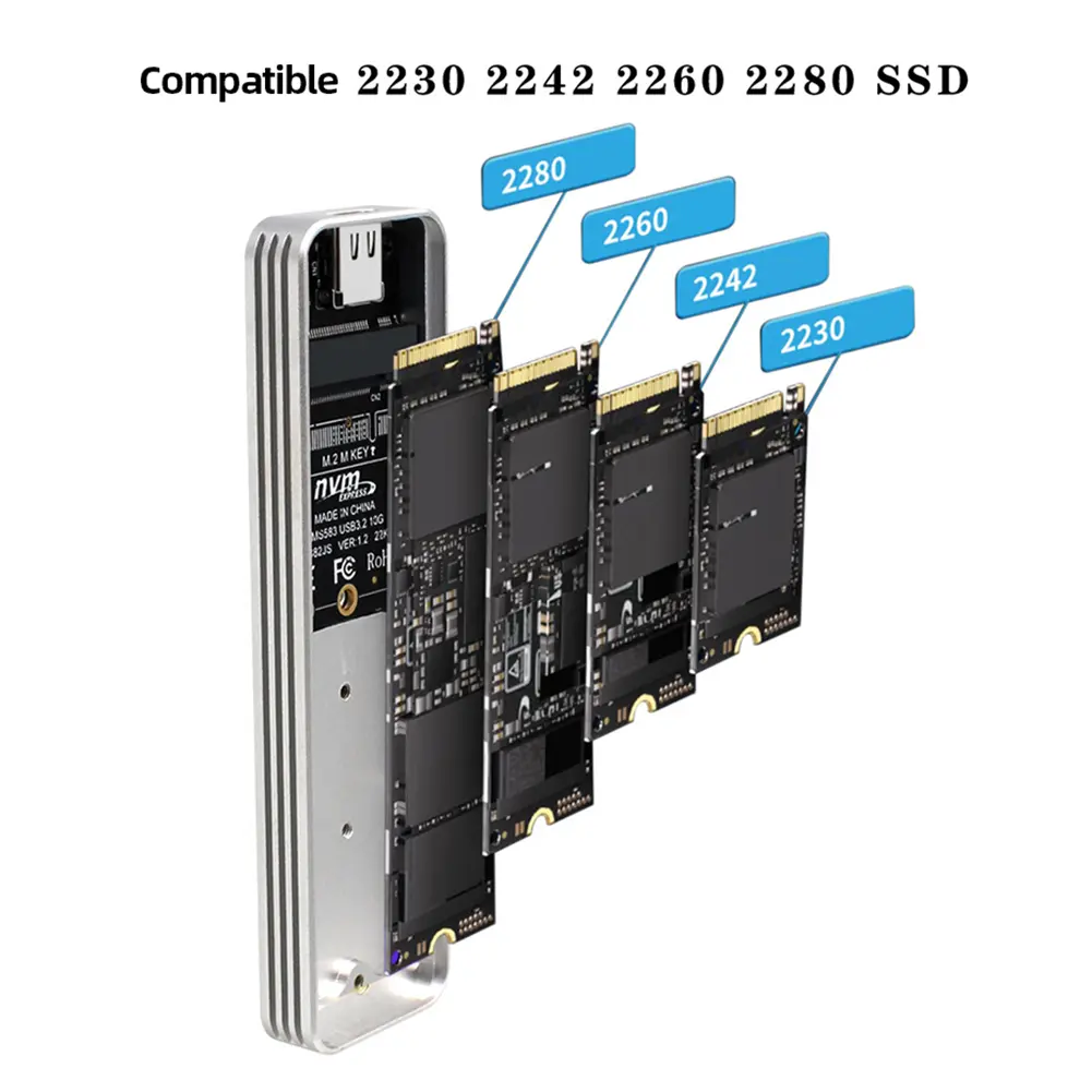 M.2 NVMe Solid State Drive External Enclosure USB 3.2 Gen2 Solid State Drive Mobile Hard Disk Box for SSD 2230/2242/2260/2280