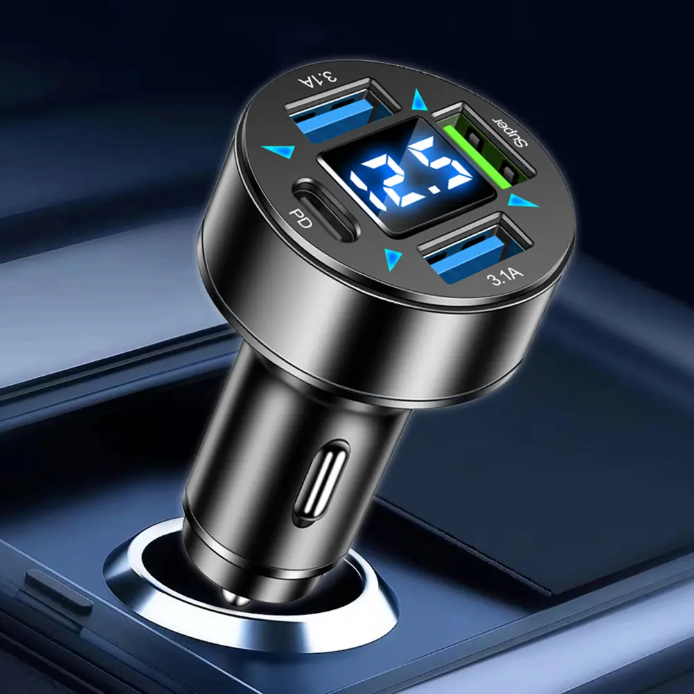 66W Power Adapter 4-Port Blue Light Fast Car Charger USB PD Quick Charge Adapter QC 3.0 LED Digital Display for Huawei Xiaomi