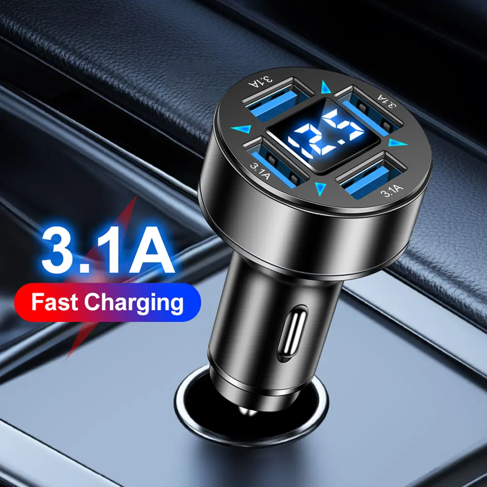 66W Power Adapter 4-Port Blue Light Fast Car Charger USB PD Quick Charge Adapter QC 3.0 LED Digital Display for Huawei Xiaomi