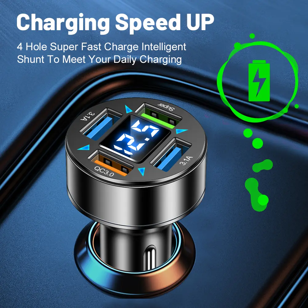 66W Power Adapter 4-Port Blue Light Fast Car Charger USB PD Quick Charge Adapter QC 3.0 LED Digital Display for Huawei Xiaomi