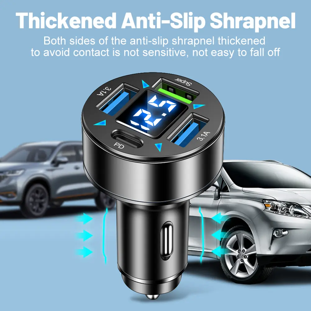 66W Power Adapter 4-Port Blue Light Fast Car Charger USB PD Quick Charge Adapter QC 3.0 LED Digital Display for Huawei Xiaomi