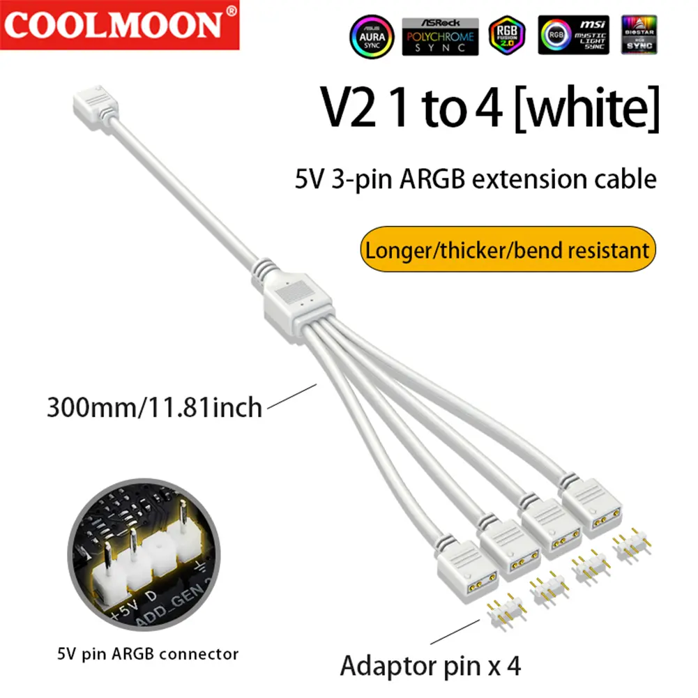 ARGB Splitter 5V 3PIN Connector 1 To 2/3/4 Chassis Fan Splitter Synchronization 30cm Tensile Resistant for PC Light Strip Fans