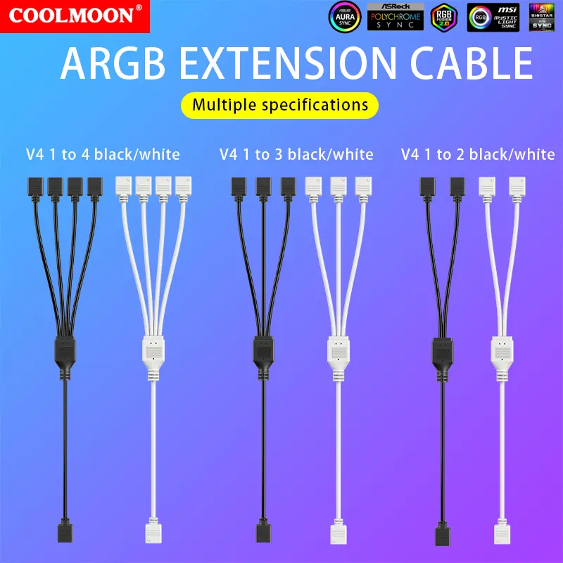 ARGB Splitter 5V 3PIN Connector 1 To 2/3/4 Chassis Fan Splitter Synchronization 30cm Tensile Resistant for PC Light Strip Fans