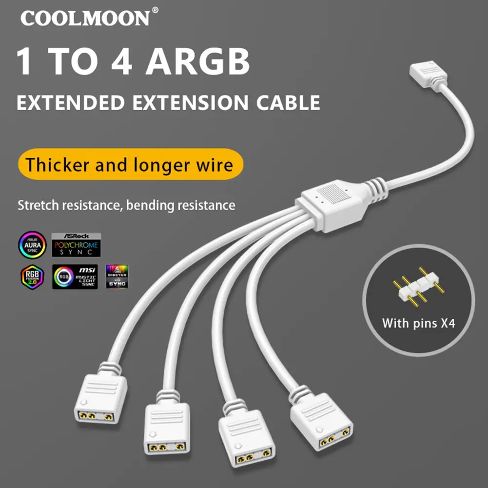ARGB Splitter 5V 3PIN Connector 1 To 2/3/4 Chassis Fan Splitter Synchronization 30cm Tensile Resistant for PC Light Strip Fans