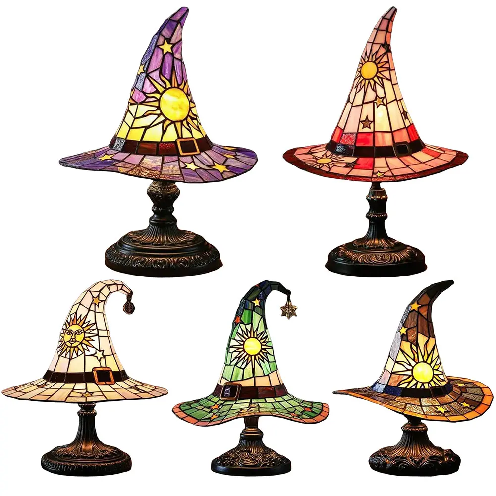 Stained Glass Witch Hat Lamp LED Night Light USB Powered Bedside Lamp for Living Room Home Bedroom Decoration