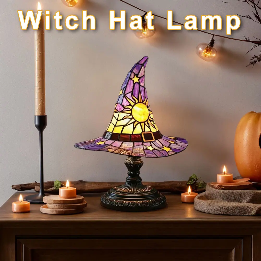 Stained Glass Witch Hat Lamp LED Night Light USB Powered Bedside Lamp for Living Room Home Bedroom Decoration