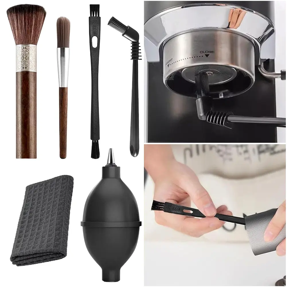 6 Pieces Coffee Brush Set with Manual Air Blower Tool Coffee Grinder Machine Cleaning Brush Kit for Coffee Machine Group Head