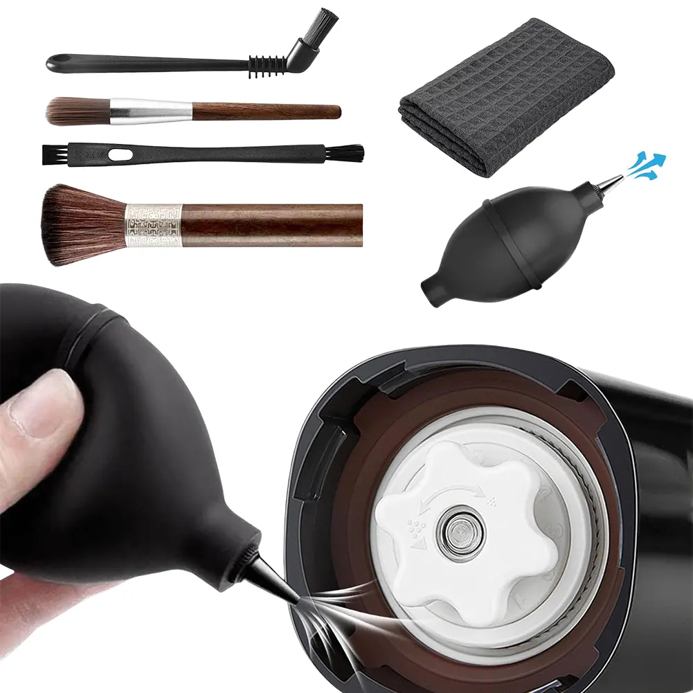 6 Pieces Coffee Brush Set with Manual Air Blower Tool Coffee Grinder Machine Cleaning Brush Kit for Coffee Machine Group Head