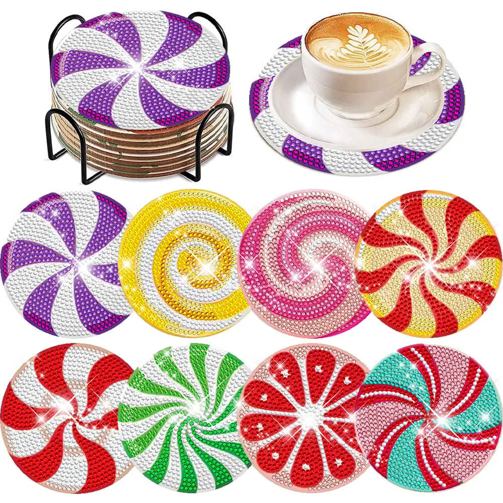 8 Pcs Diamond Painting Crafts Coaster Sandy Coastline Wooden Biscuit with Holder Doughnut for Adults Kids Beginner Gift Supplies