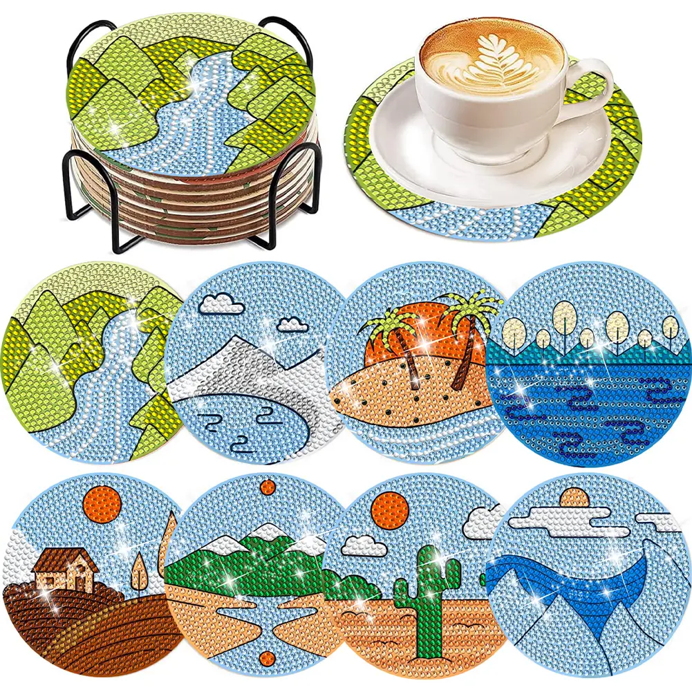 8 Pcs Diamond Painting Crafts Coaster Sandy Coastline Wooden Biscuit with Holder Doughnut for Adults Kids Beginner Gift Supplies