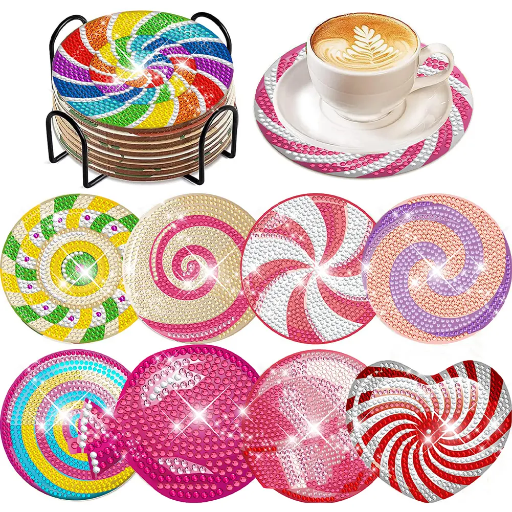 8 Pcs Diamond Painting Crafts Coaster Sandy Coastline Wooden Biscuit with Holder Doughnut for Adults Kids Beginner Gift Supplies
