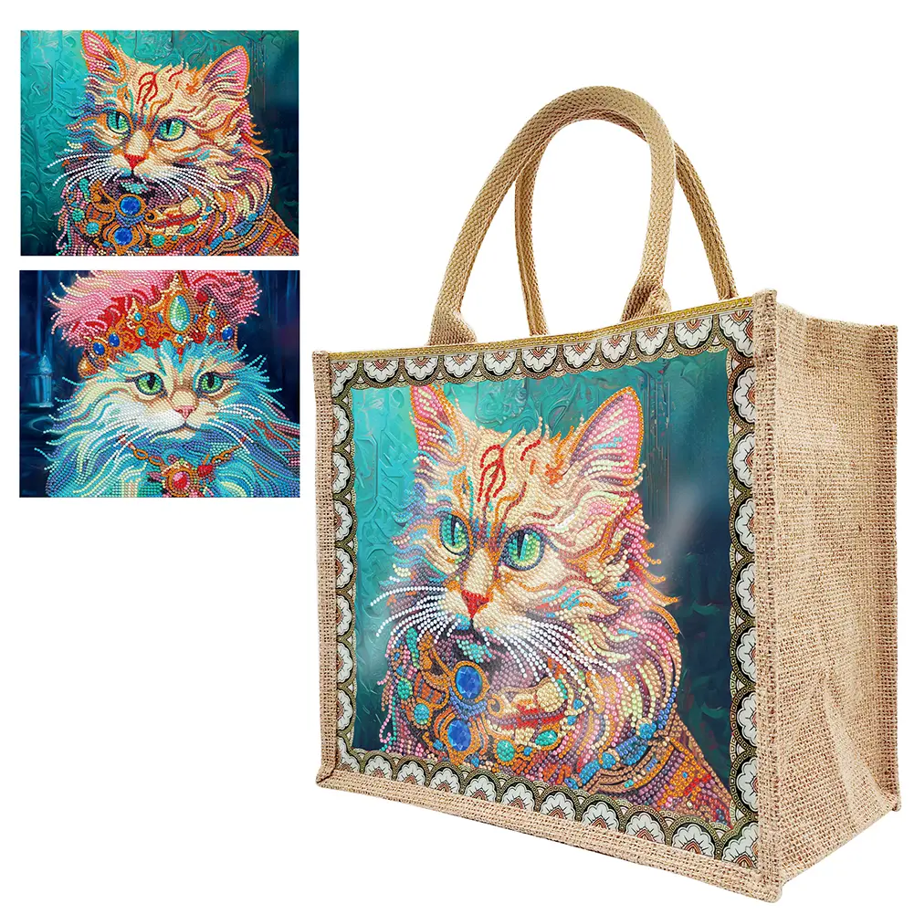 Diamond Painting Tote Bag Diamond Painting Handbag Pterosaur Linen Diamond Painting Shopping Bags Cat Elk for Women Adults Craft
