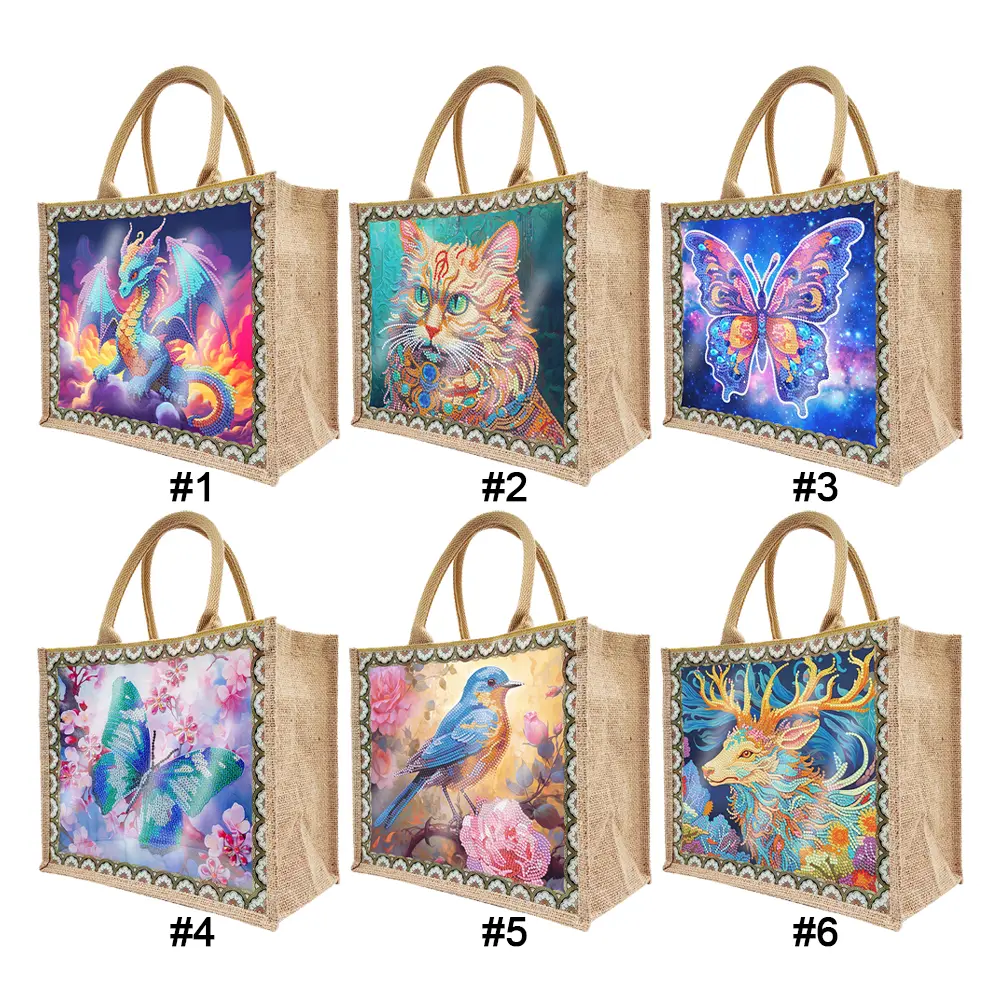 Diamond Painting Tote Bag Diamond Painting Handbag Pterosaur Linen Diamond Painting Shopping Bags Cat Elk for Women Adults Craft
