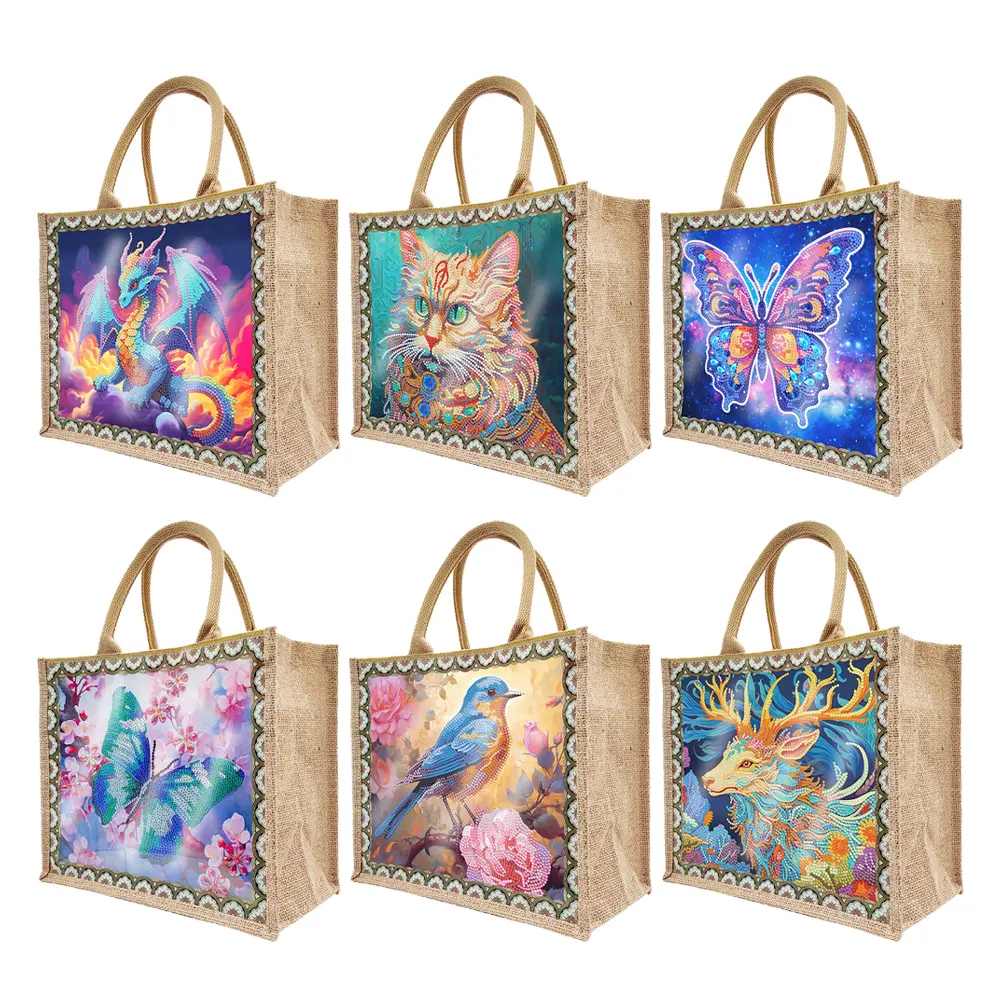 Diamond Painting Tote Bag Diamond Painting Handbag Pterosaur Linen Diamond Painting Shopping Bags Cat Elk for Women Adults Craft