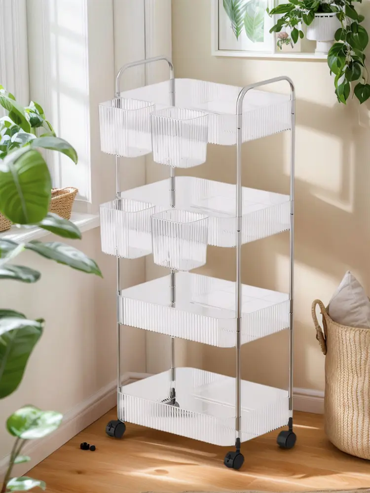 4 Layer Rolling Trolley Storage Rack with Hanging Basket Sundries Organizer Transparent Rolling Cart for Bedroom Living Room