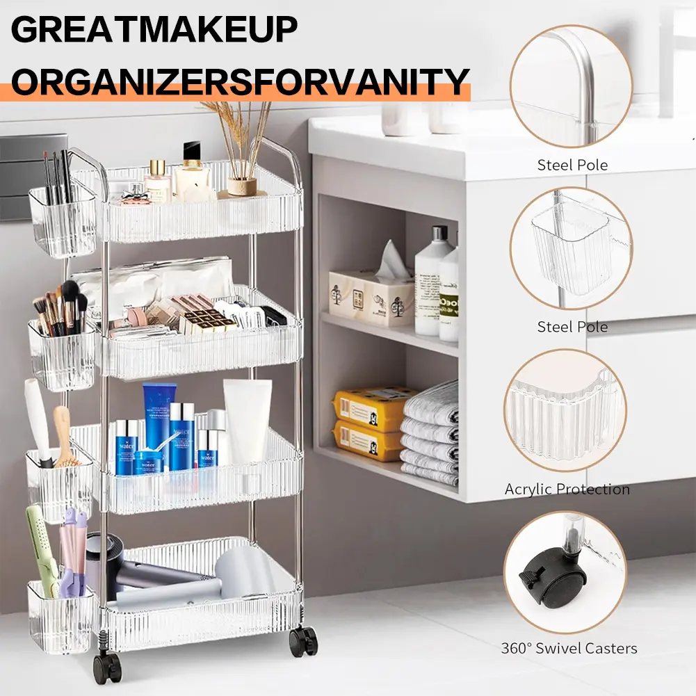 4 Layer Rolling Trolley Storage Rack with Hanging Basket Sundries Organizer Transparent Rolling Cart for Bedroom Living Room