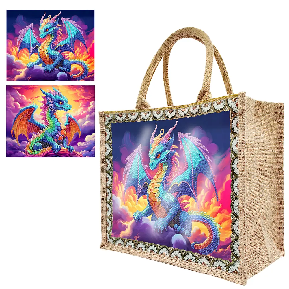 Diamond Painting Tote Bag Diamond Painting Handbag Pterosaur Linen Diamond Painting Shopping Bags Cat Elk for Women Adults Craft