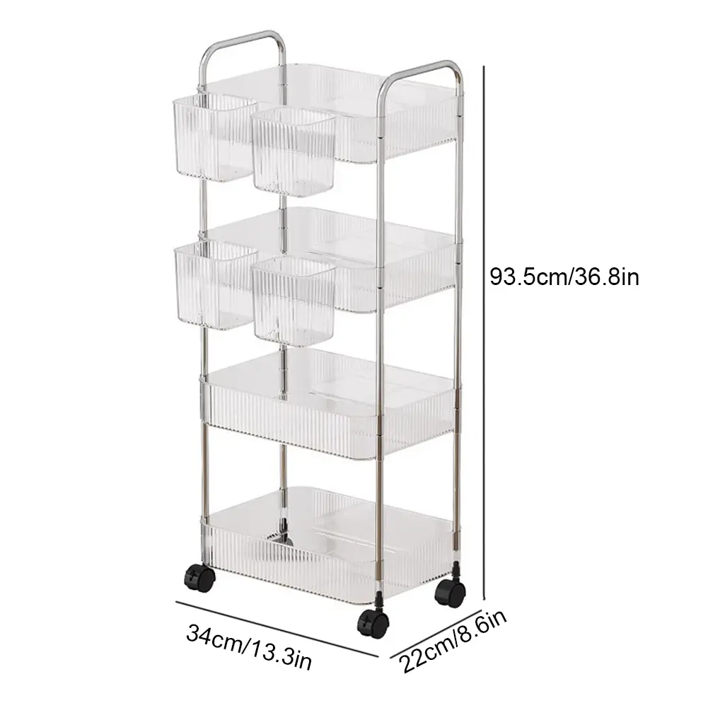 4 Layer Rolling Trolley Storage Rack with Hanging Basket Sundries Organizer Transparent Rolling Cart for Bedroom Living Room