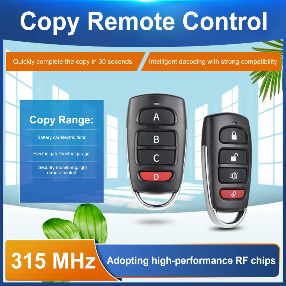 315MHz/433MHz Copy Remote Control Auto 4 Channe Code Garage Gate Door Garage Door Control Duplicator Portal Remote Control Key