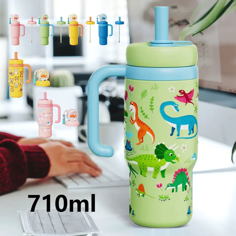 Stainless Steel Whale Fountain Tumbler with Handle Drinking Cup Leak Proof Whale Squirt Water Cup with Straw Creative Gift 710ml