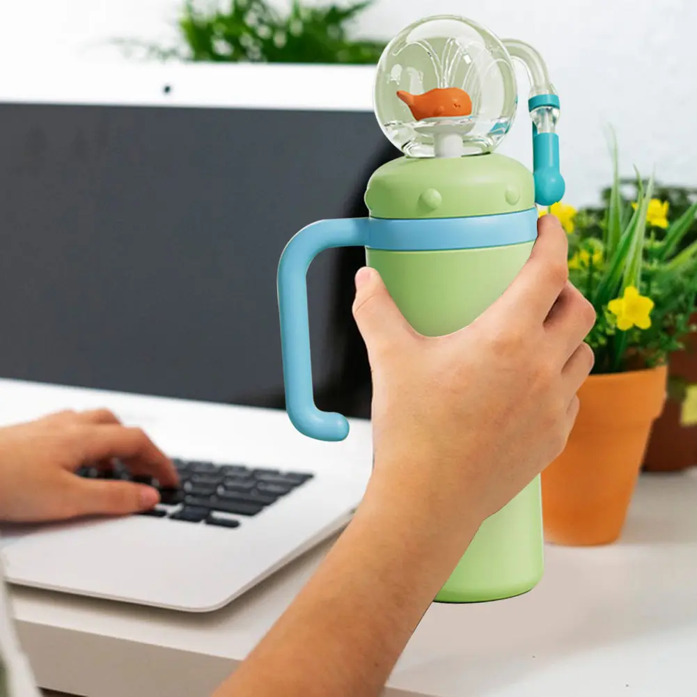 Stainless Steel Whale Fountain Tumbler with Handle Drinking Cup Leak Proof Whale Squirt Water Cup with Straw Creative Gift 710ml