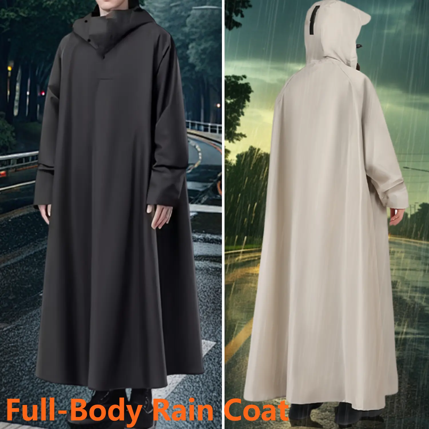 Fashion Adult Waterproof Long Raincoat Women Men Rain Coat Hooded For Outdoor Hiking Travel Fishing Climb Thickened Black/Khaki