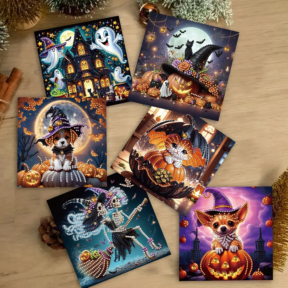 Diamond Painting Greeting Card Set Halloween Theme Rhinestone Diamond Art Mosaic Postcards Thank You Cards and Holiday Blessings